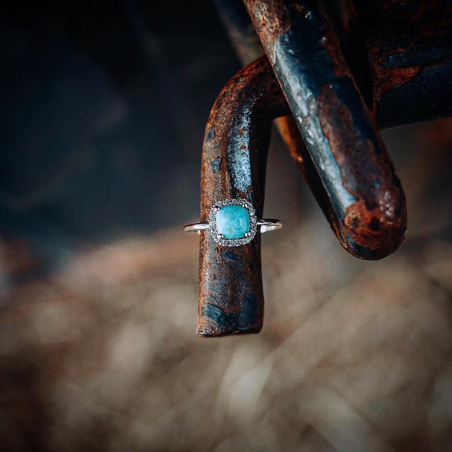 Cushion Cut Turquoise Diamond Halo 14k White Gold Ring