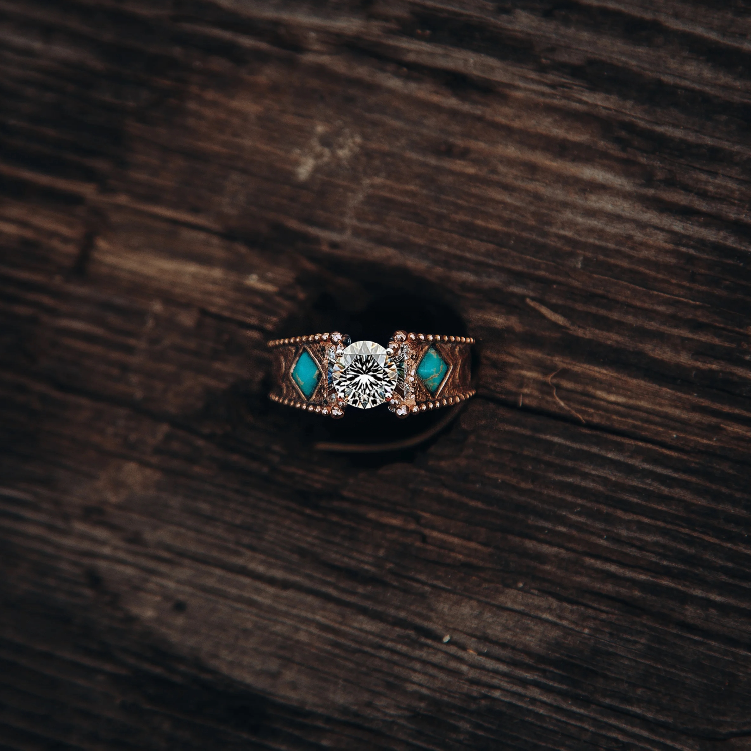 Princess Cut Diamond Ring w/ Turquoise & Diamond Accents 14k Gold