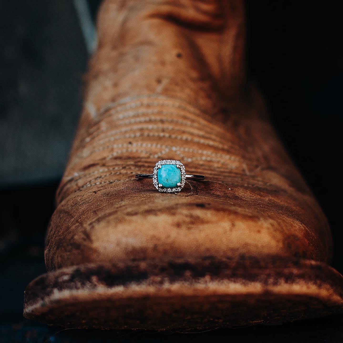 Cushion Cut Turquoise Diamond Halo 14k White Gold Ring