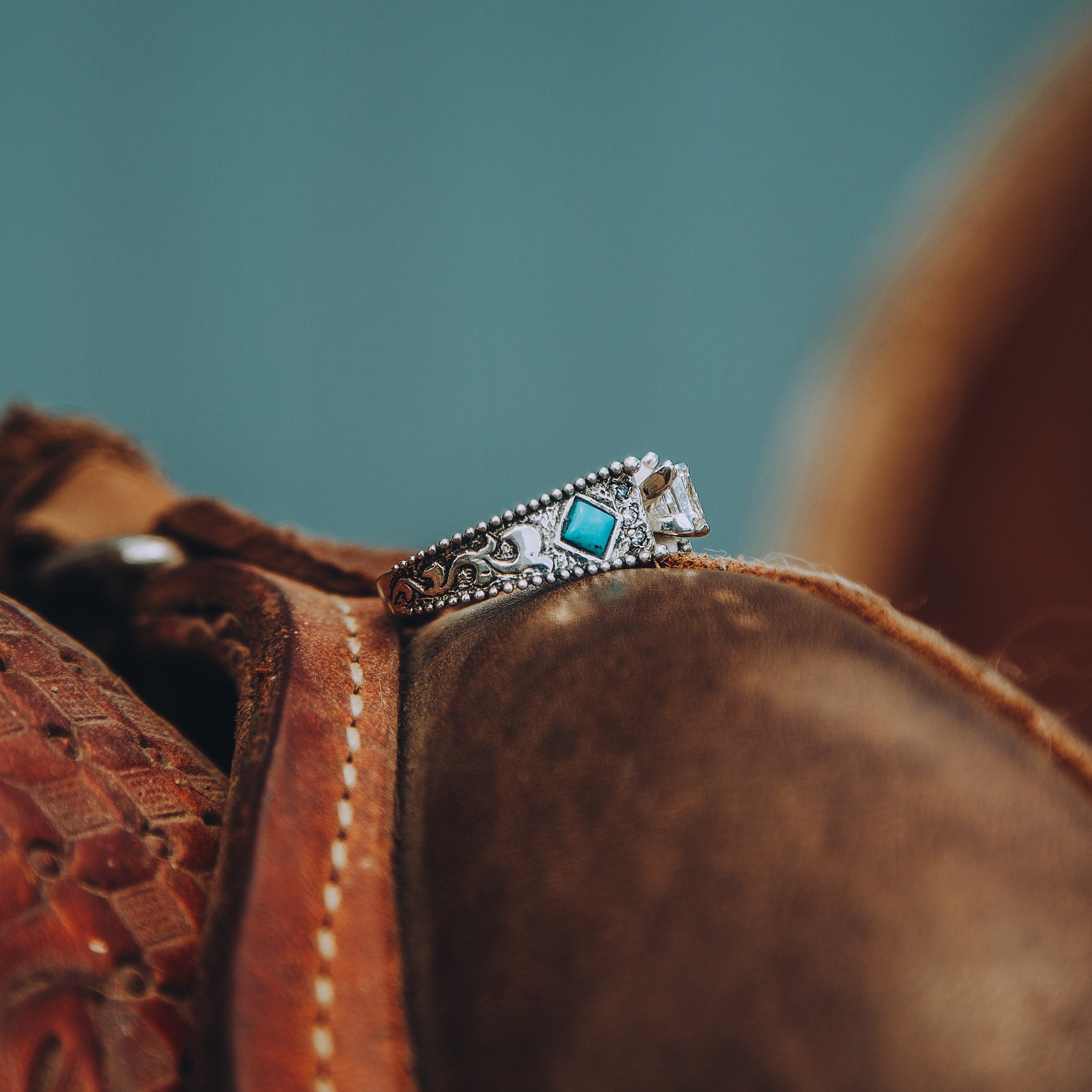 Princess Cut Diamond Ring w Turquoise Diamond Accents 14k Gold